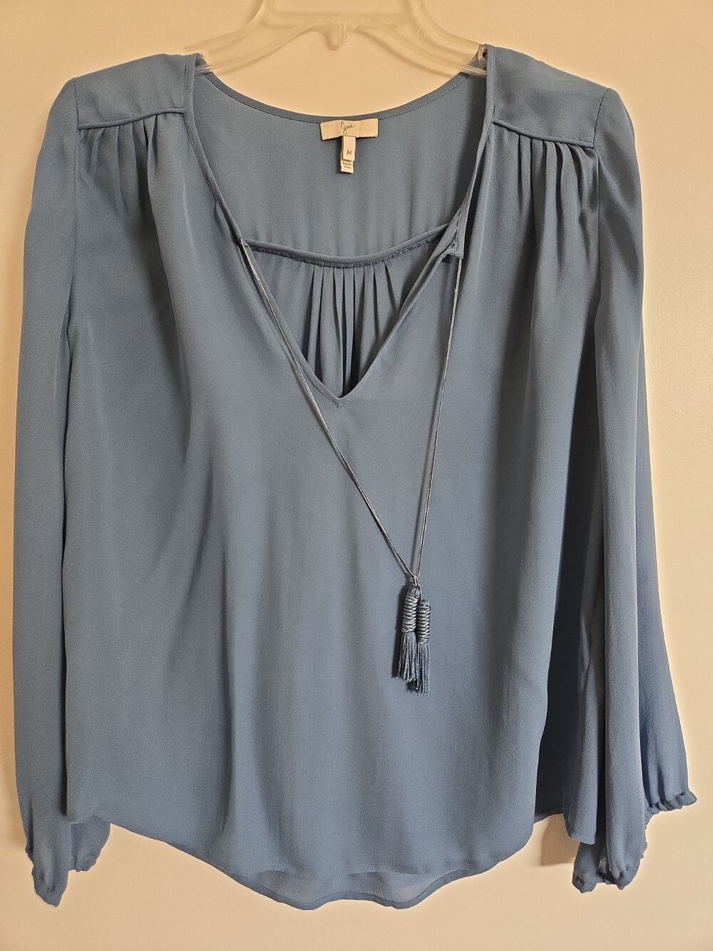 JOIE Blouse Shirt Blue Pullover Tassels 100% Silk Size Medium